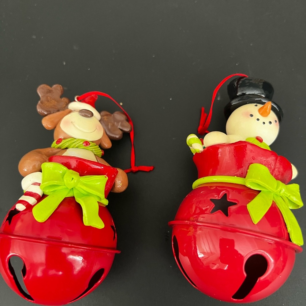 Snowman and dog bell ornaments